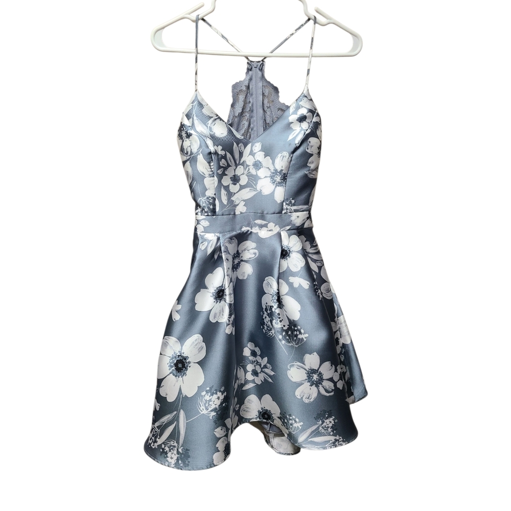 B Darlin Gray Floral Lace Back Dress 3/4